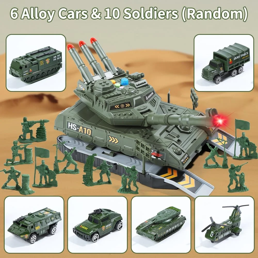اسباب بازی تانک Skirfy برای پسران، تانک اسباب بازی ارتش با 6 عدد وسایل نقلیه آلیاژی دایکاست، اسباب بازی نظامی کودکان با نور، صدا و پرتاب موشک، هدیه تولد کریسمس