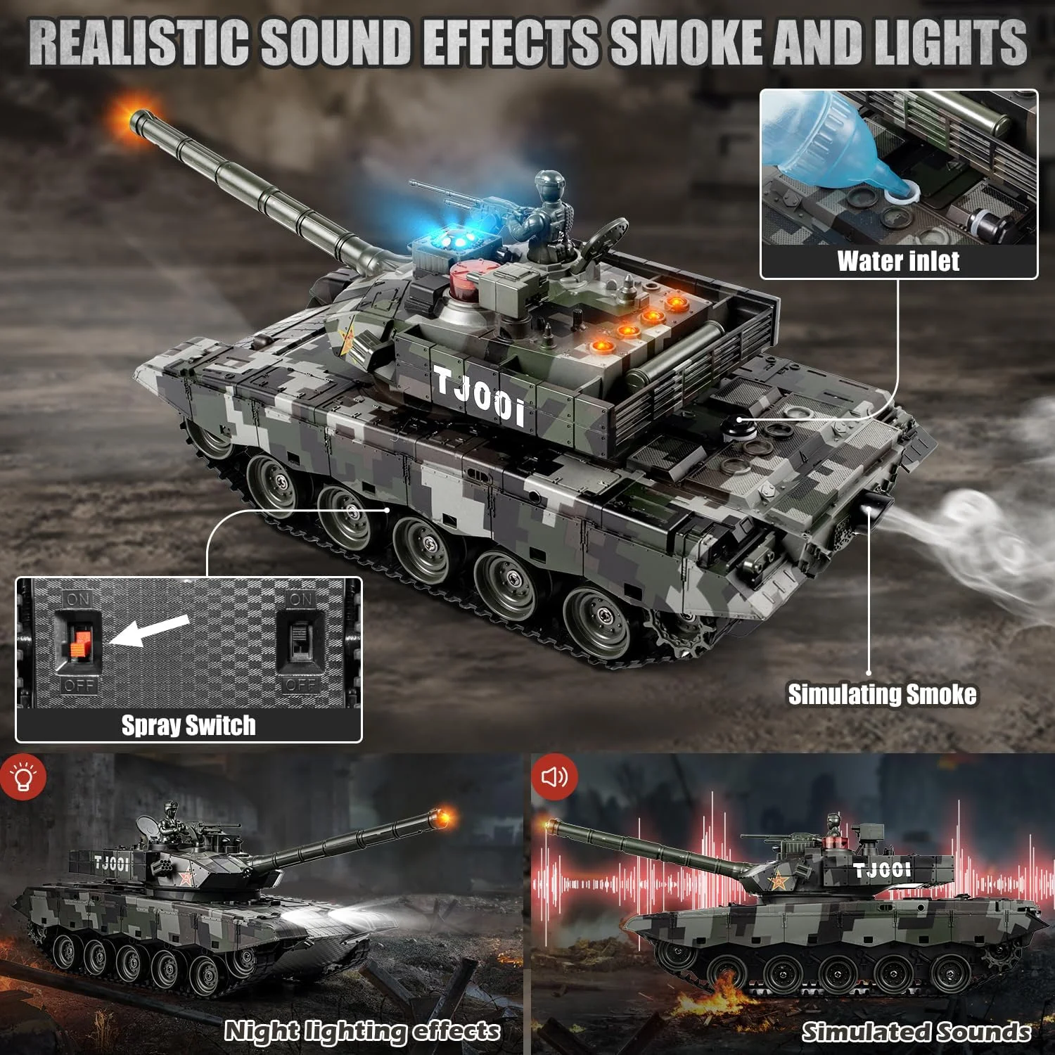تانک کنترلی 1/24، تانک جنگی کنترلی مدل چین 99، تانک کنترلی 2.4 گیگاهرتز، مدل تانک با چراغ کنترل، تانک برای کودکان بالای 6 سال