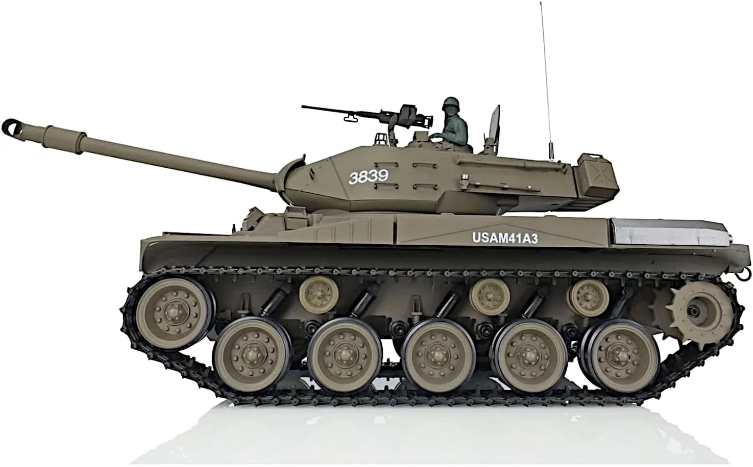مدل تانک جنگی M41A3 Walker Bulldog ارتش آمریکا، مقیاس 1/16 RTR RC، گیربکس فولادی ارتقا یافته Heng Long 3839 S Edition، نبرد با تیراندازی BB و مادون قرمز، مدل دود، صدا، نور و لگد
