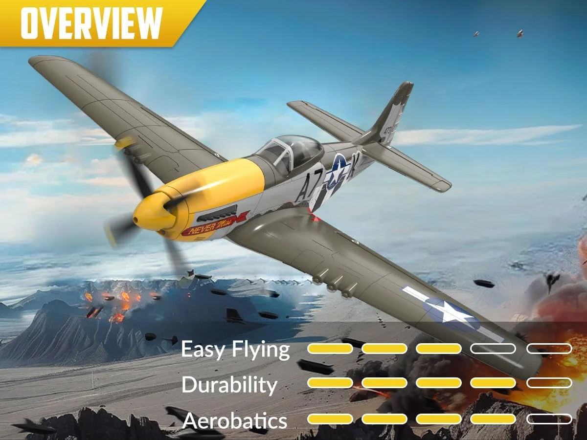 هواپیمای مدل P51 Mustang با کنترل از راه دور، مونتاژ شده، طول بال 500 میلی‌متر، دارای سیستم تثبیت کننده Xpilot و قابلیت انجام حرکات آکروباتیک / ژیروسکوپ 6 محوره 4 کاناله P51D براشلس، مناسب برای افراد 14 سال به بالا، مبتدی و حرفه‌ای