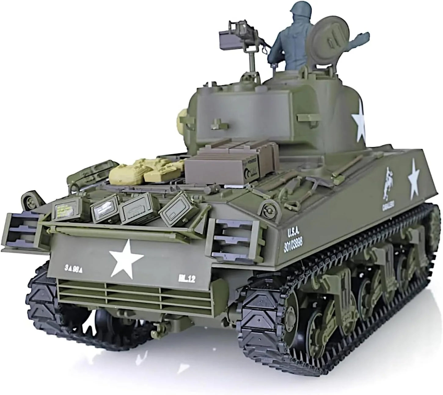 مدل تانک متوسط ​​M4A3 شرمن ارتش ایالات متحده، مقیاس 1/16 RTR RC، Heng Long 3898 نسخه استاندارد P، نبرد BB بادی، نبرد مادون قرمز IR، شبیه سازی دود صدا نور مدل پس زنی