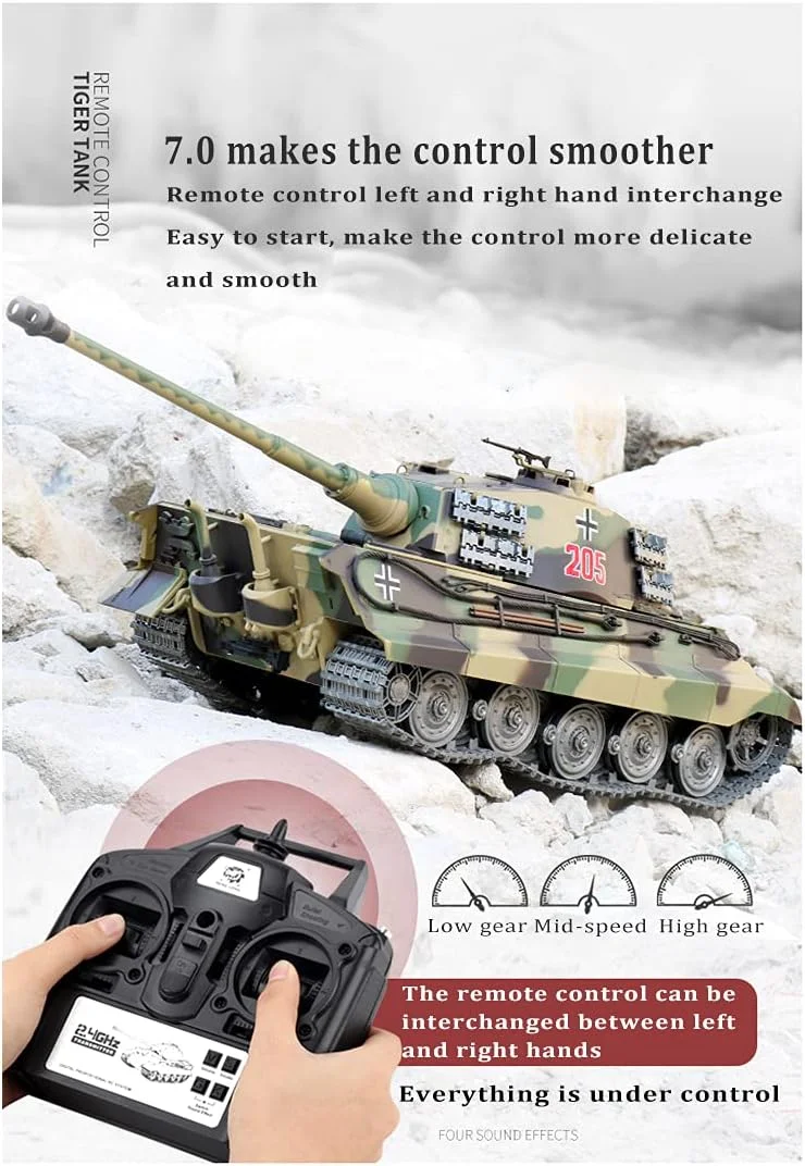 تانک آرسی 1/16 برای بزرگسالان، مدل تانک نبرد آلمانی Henschel Tiger King با جلوه های صوتی و دود، مدل وسیله نقلیه آرسی برای علاقه مندان به ارتش (نسخه پایه)