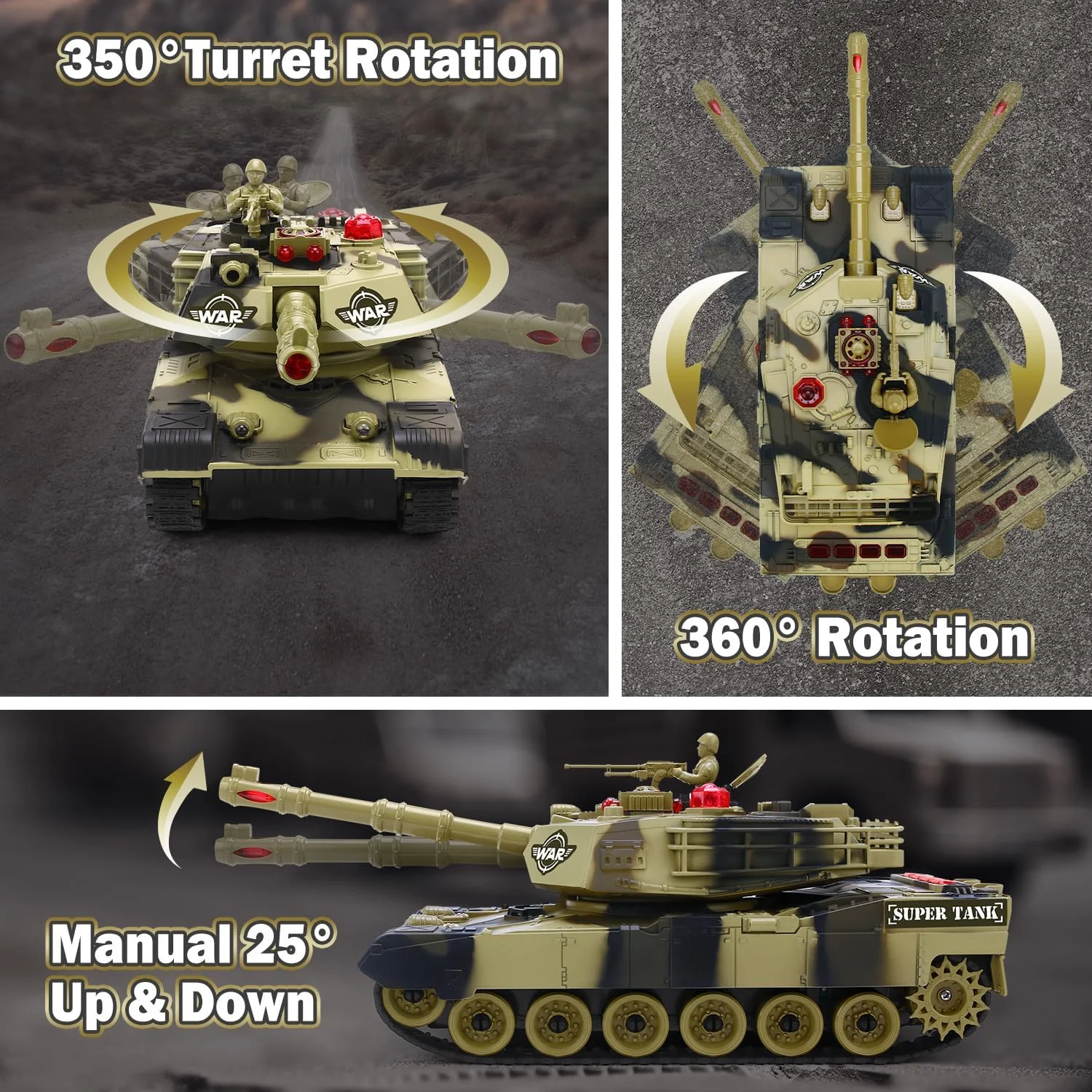 تانک کنترلی برای پسران - اسباب بازی تانک ارتشی شبیه سازی شده کودکان، تانک های آرسی 8 کاناله مقیاس 1:28 با سربازان اسباب بازی، 2 باتری، برجک چرخان و صدا، اسباب بازی های نظامی هدیه ای عالی برای پسران 8 9 10 ساله