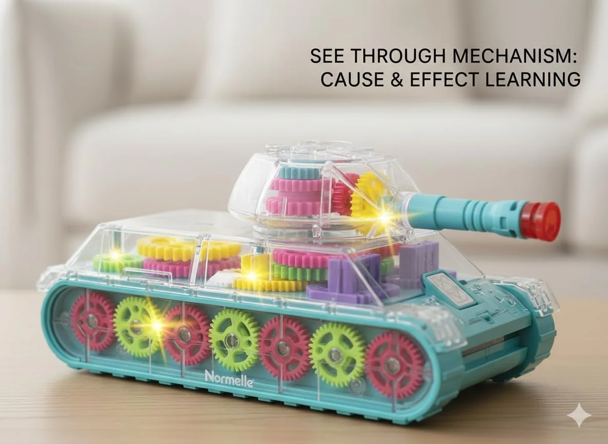 تانک اسباب بازی دنده ای شفاف برقی با 3 دنده | مدل ماشین جنگی مکانیکی برای پسران و دختران | ماشین اسباب بازی انتقال دنده آموزشی برای هدیه تولد و کریسمس