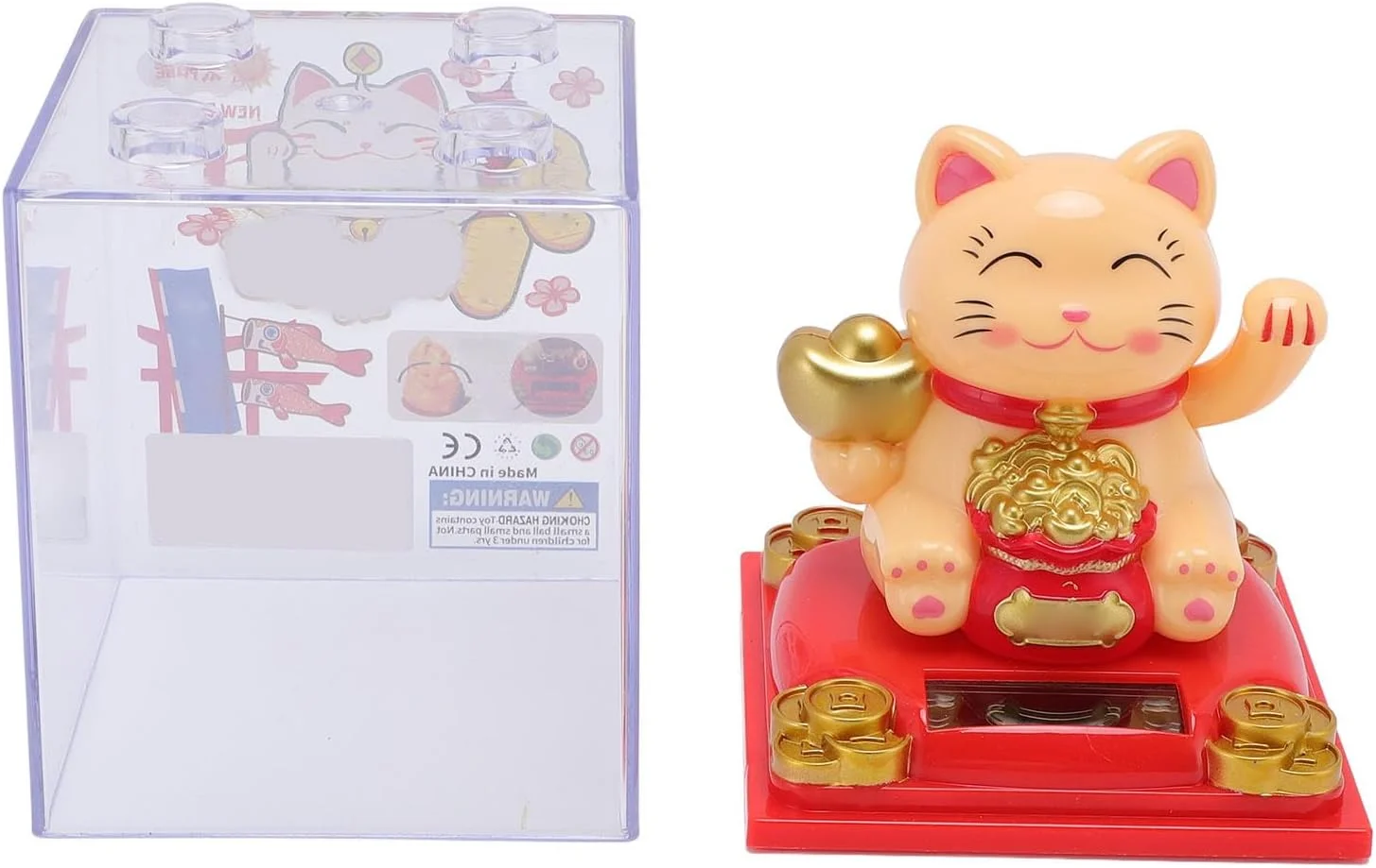 مجسمه گربه رقصان خورشیدی - مجسمه گربه خوش شانس حساس به نور اتوماتیک برای تزئین دفتر، مغازه و رستوران (زرد)