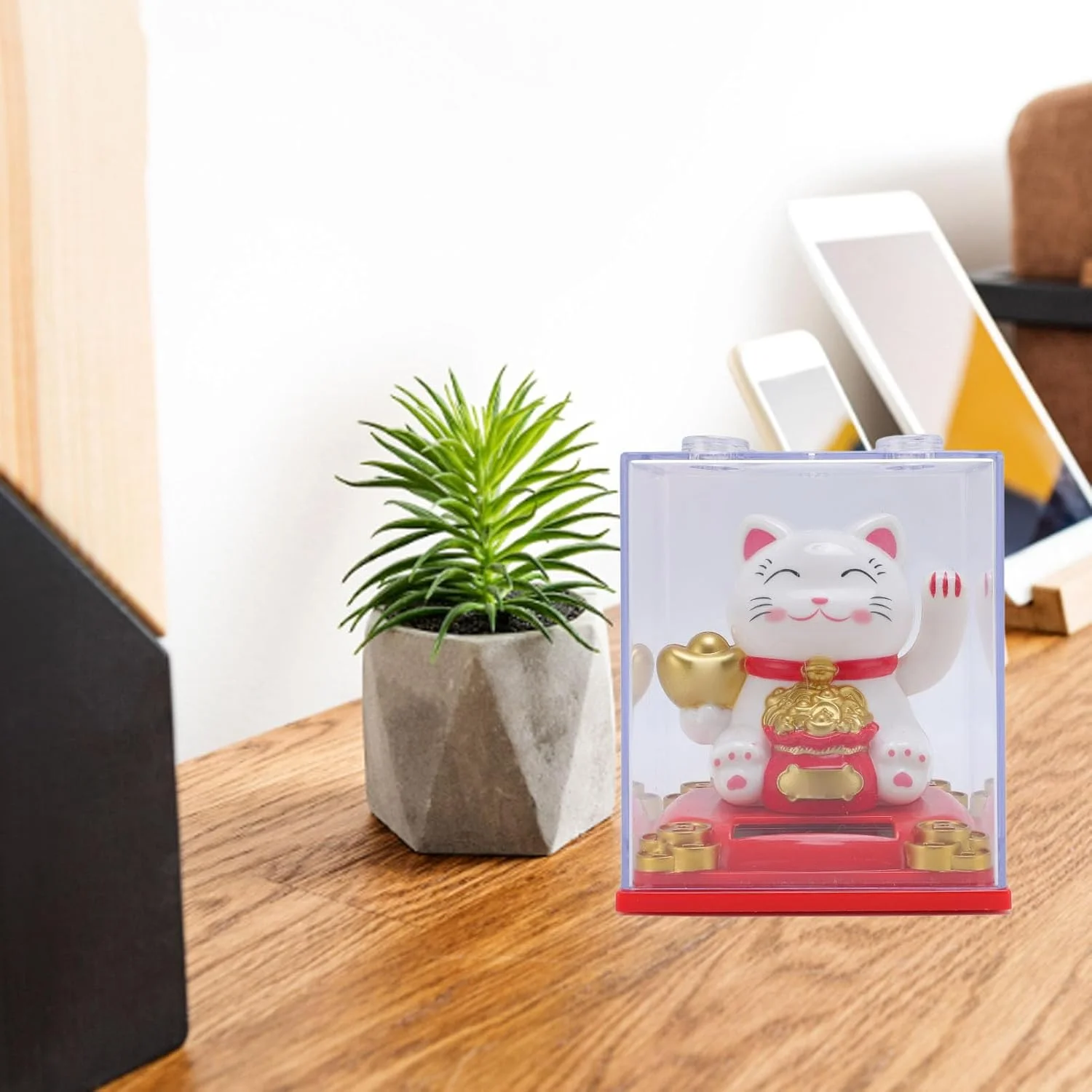 مجسمه گربه رقصان خورشیدی - مجسمه گربه خوش شانس حساس به نور اتوماتیک برای تزئین دفتر، مغازه و رستوران (سفید)