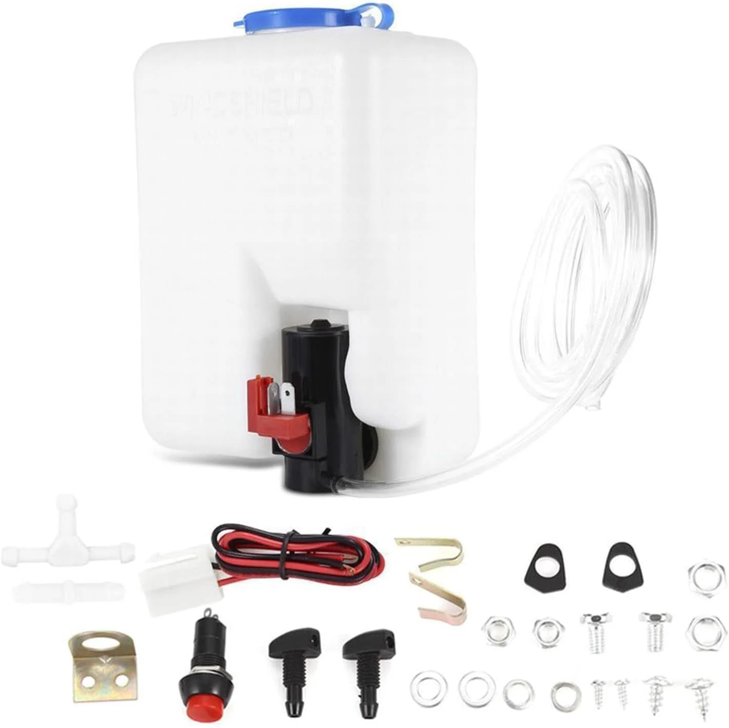 مجموعه مخزن شیشه شوی خودرو Oushengsi با جت، سیم کشی، پمپ آب و شلنگ 12 ولت 1.5 لیتری، مخزن پمپ شیشه شوی پلاستیکی فلزی