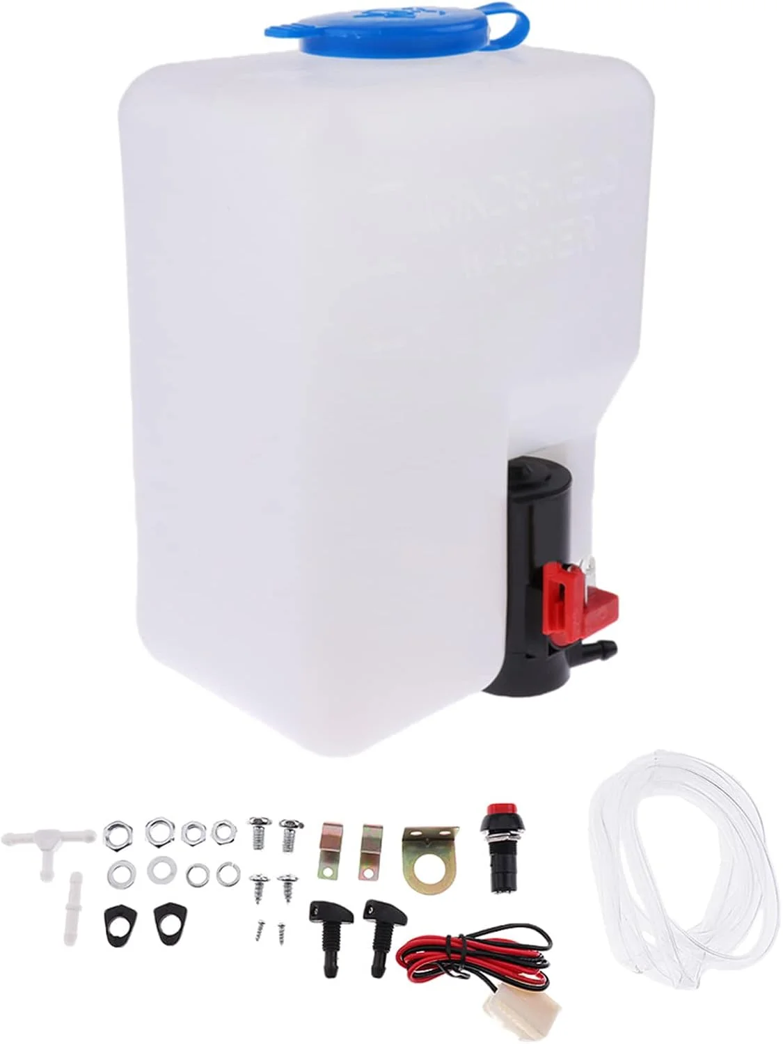 مجموعه مخزن شیشه شوی خودرو Oushengsi با جت، سیم کشی، پمپ آب و شلنگ 12 ولت 1.5 لیتری، مخزن پمپ شیشه شوی پلاستیکی فلزی