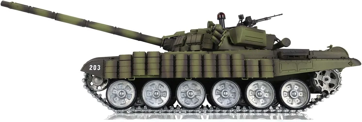 تانک کنترلی T72 مدل 3939 با برجک 360 درجه و مقیاس 1:16، دارای زنجیر و اتصالات فلزی و چشم قرمز برای سرگرمی