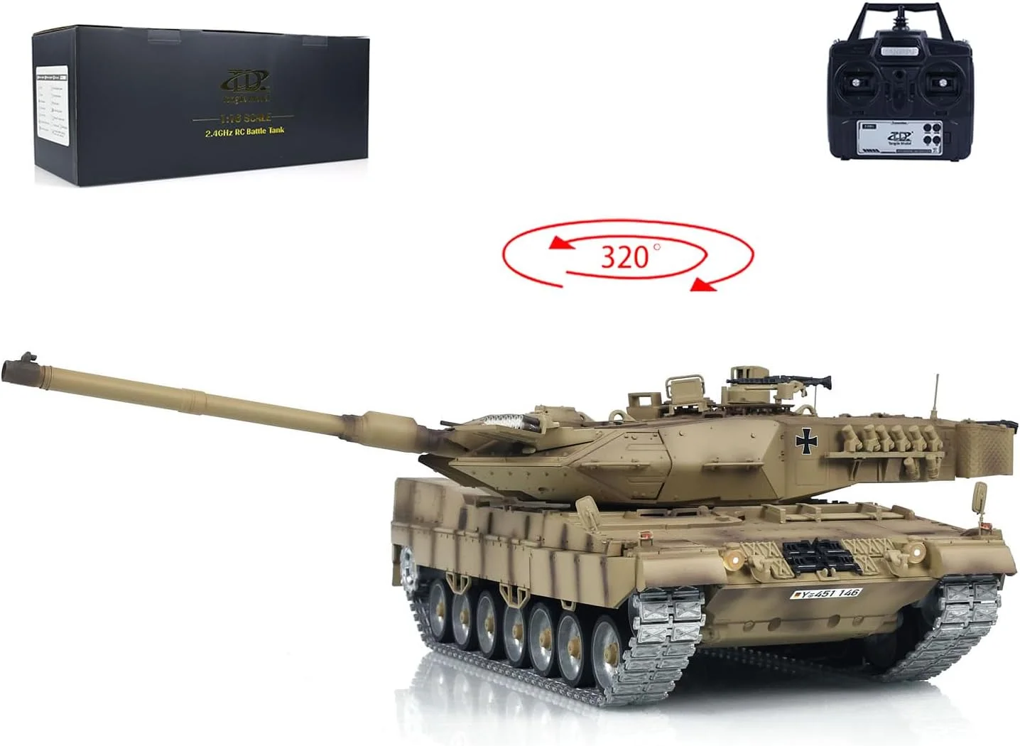 تانک کنترلی از راه دور لئوپارد 2A7 مقیاس 1/16 مدل نبرد مادون قرمز و BB با چرخ های فلزی