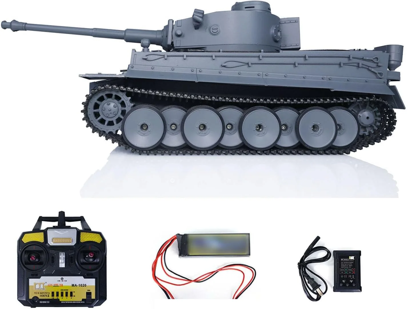 تانک آرسی آلمانی تایگر 1 متو، مقیاس 1/16، بدنه تقریبا تمام فلزی، رنگ خاکستری، با قابلیت چرخش 360 درجه برجک و سیستم نبرد مادون قرمز