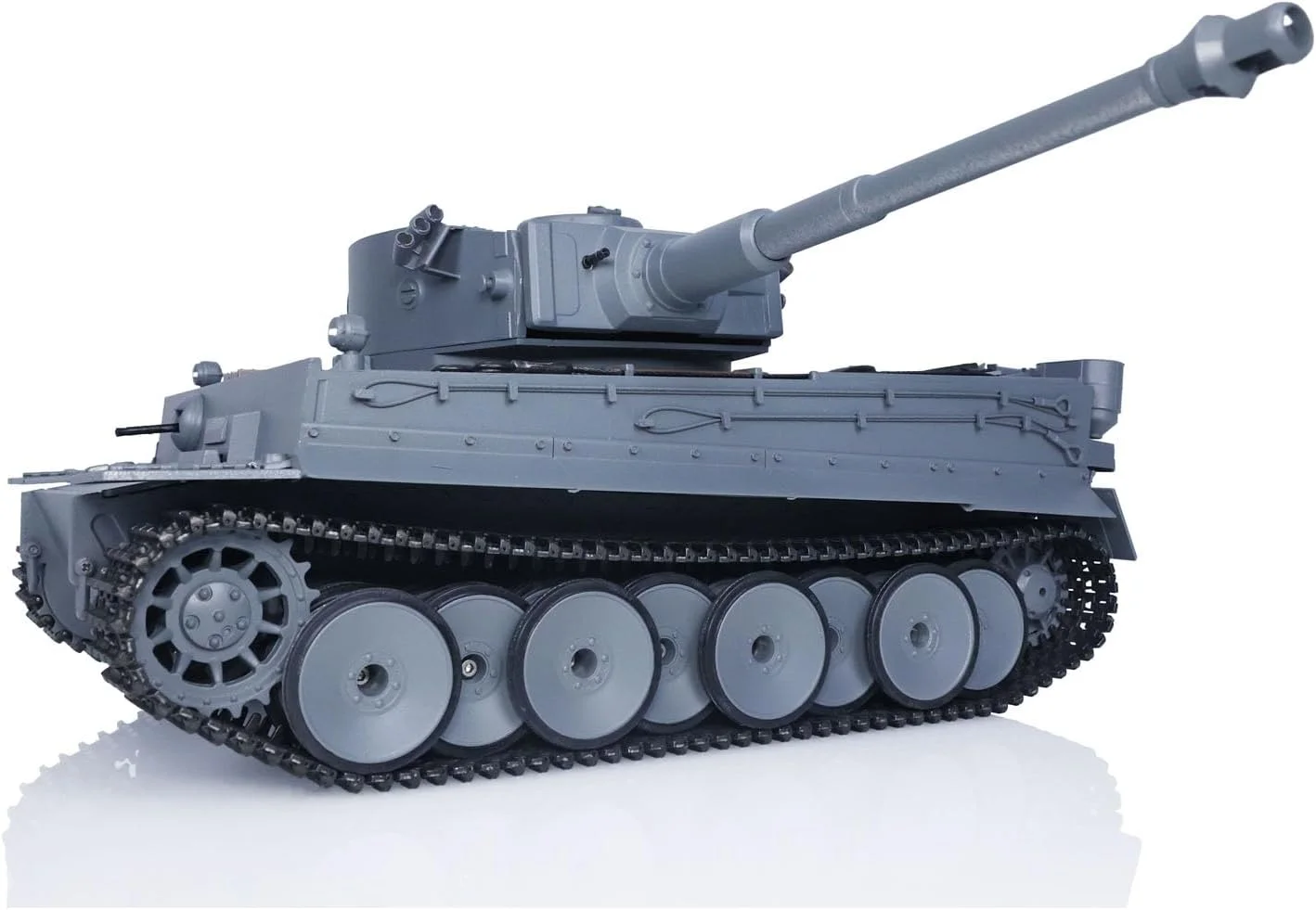 تانک آرسی آلمانی تایگر 1 متو، مقیاس 1/16، بدنه تقریبا تمام فلزی، رنگ خاکستری، با قابلیت چرخش 360 درجه برجک و سیستم نبرد مادون قرمز