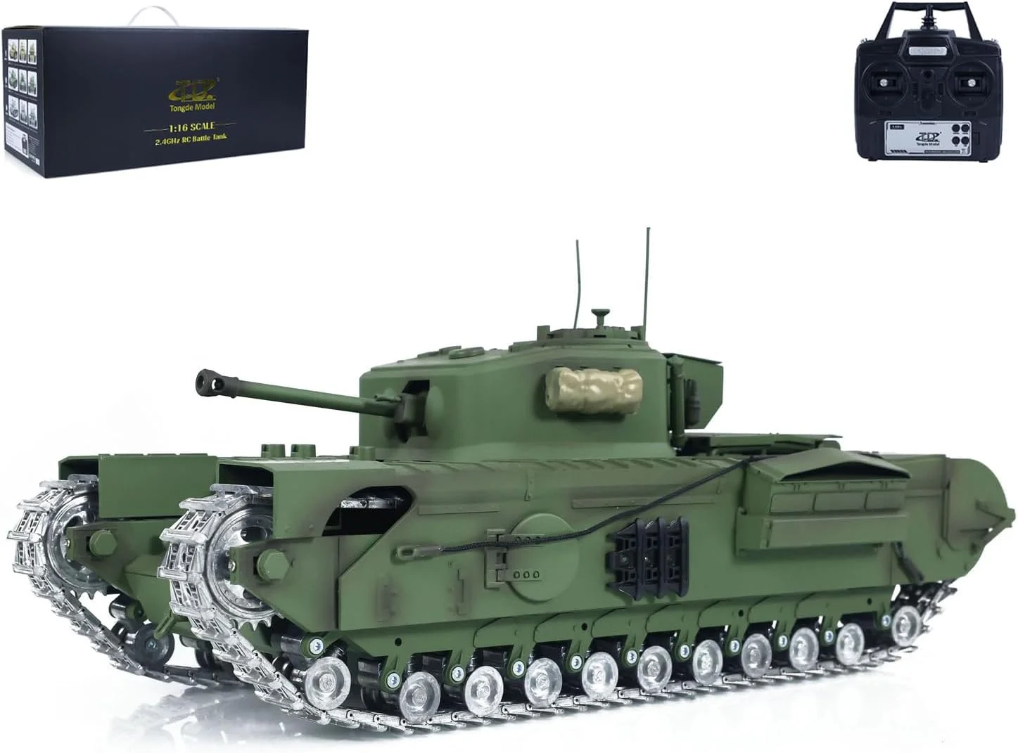 تانک جنگی آرسی پلاستیکی 1/16 مدل Churchill Mk.VII، خودروهای جنگی پیاده نظام الکتریکی آرسی با چرخش 320 درجه برجک، نور، صدا و واحد دود (نسخه حرفه ای - سبز ارتشی)
