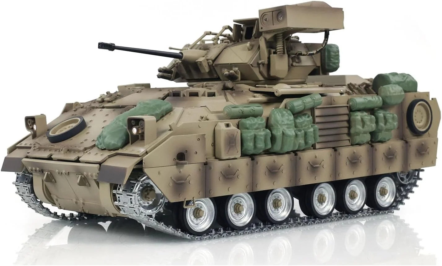 تانک کنترلی 1/16 مدل M2A2 Bradley با زنجیر و چرخ های فلزی و سیستم پس زنی لوله