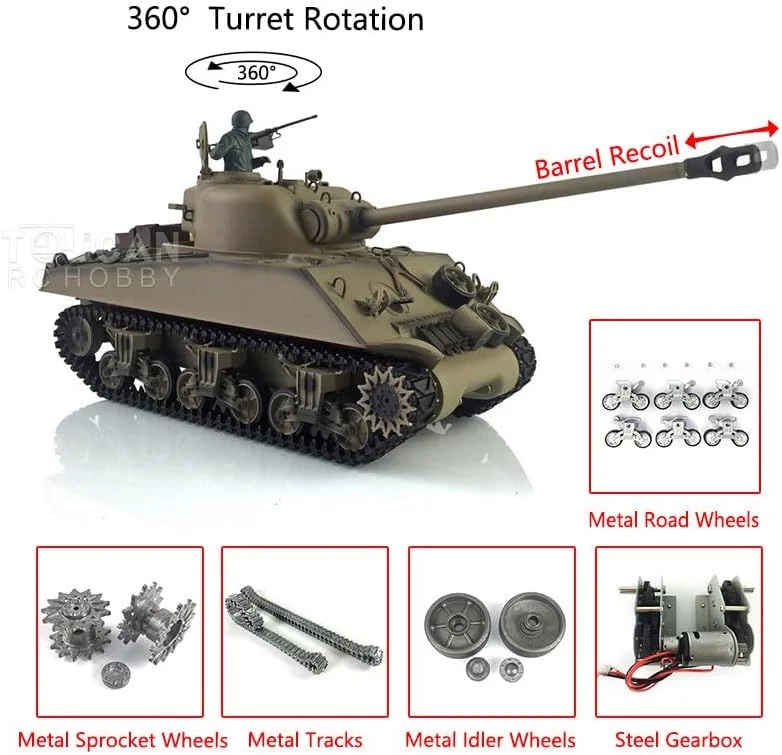 تانک آرسی شرمن M4A3 Henglong مقیاس 1/16 مدل 3898 با لوله پس زنی 360 درجه فلزی برای سرگرمی