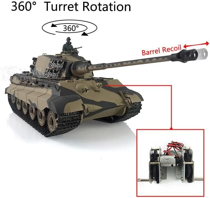 تانک آرسی هنلونگ King Tiger RTR مدل 3888A FPV مقیاس 1/16 با برجک 360 درجه، لگد لوله، سیستم نبرد مادون قرمز، ژنراتور دود، مدل حرفه ای