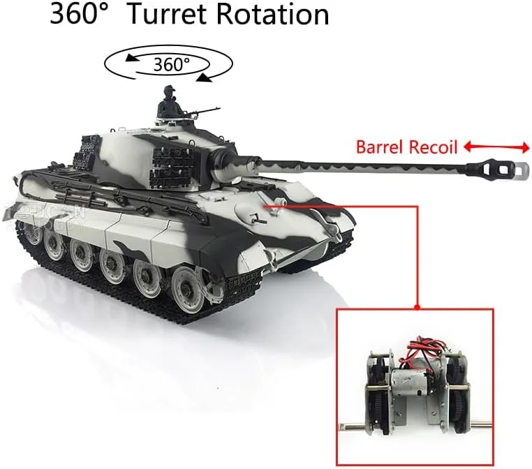 تانک آرسی Henglong 1/16 7.0 King Tiger RTR مدل 3888A FPV با برجک چرخان 360 درجه، نبرد مادون قرمز، لوله بالابر، نور و صدا