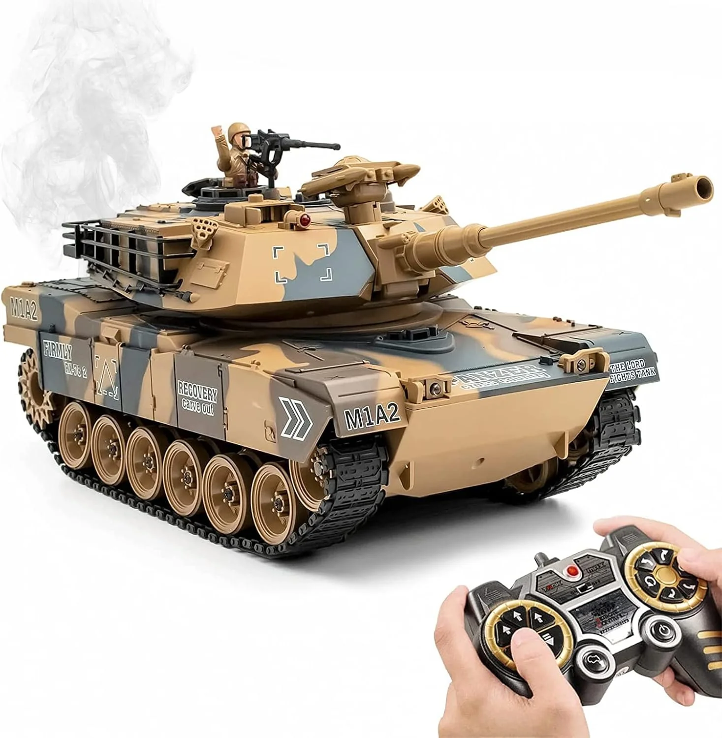 تانک آرسی ۱/۱۸ برای بزرگسالان، تانک جنگی کنترل از راه دور ۲.۴G با برجک چرخان، کنترلر دود و لرزش، مدل اسباب بازی وسایل نقلیه نظامی با نور و صدا که گلوله های ایرسافت شلیک می کند