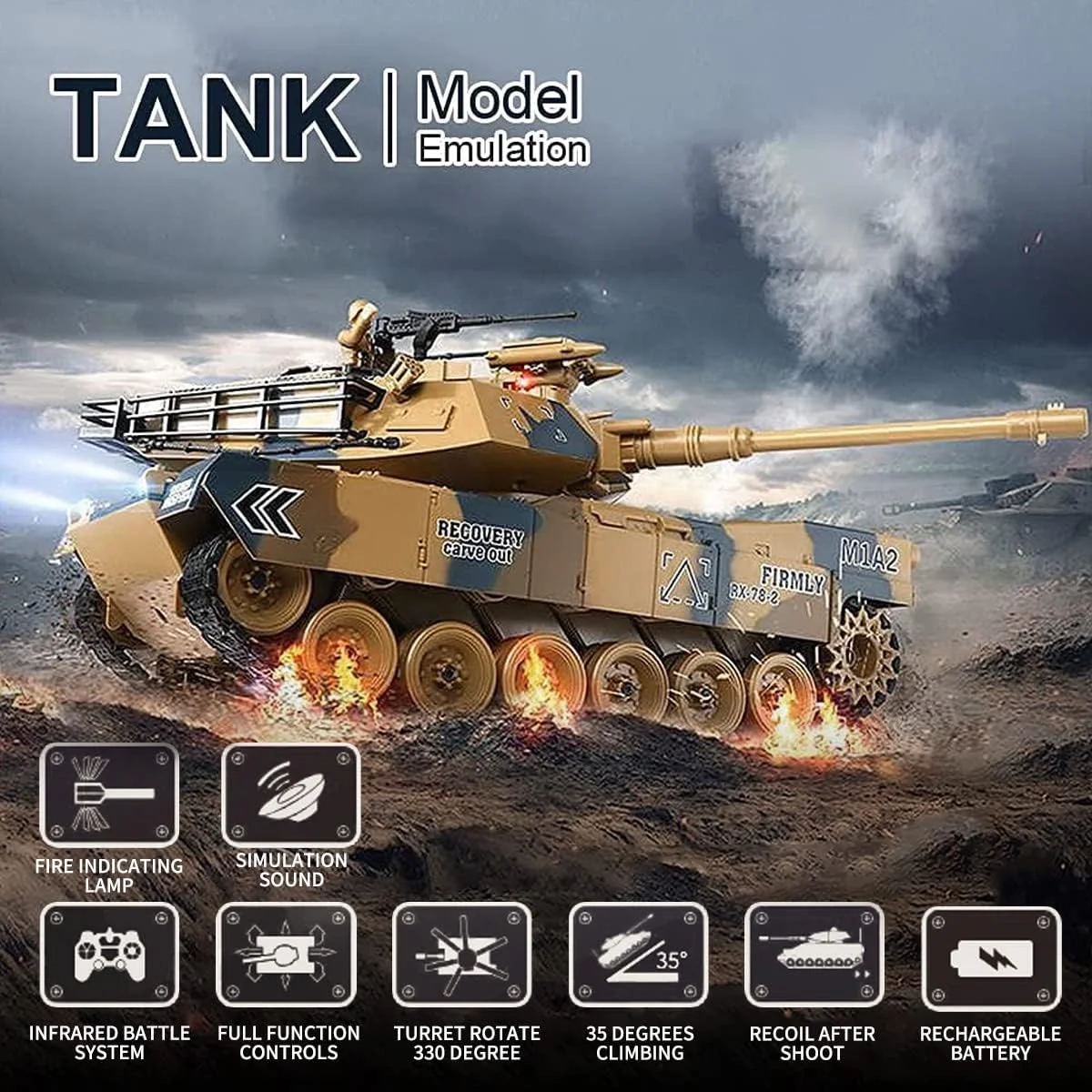 تانک آرسی ۱/۱۸ برای بزرگسالان، تانک جنگی کنترل از راه دور ۲.۴G با برجک چرخان، کنترلر دود و لرزش، مدل اسباب بازی وسایل نقلیه نظامی با نور و صدا که گلوله های ایرسافت شلیک می کند