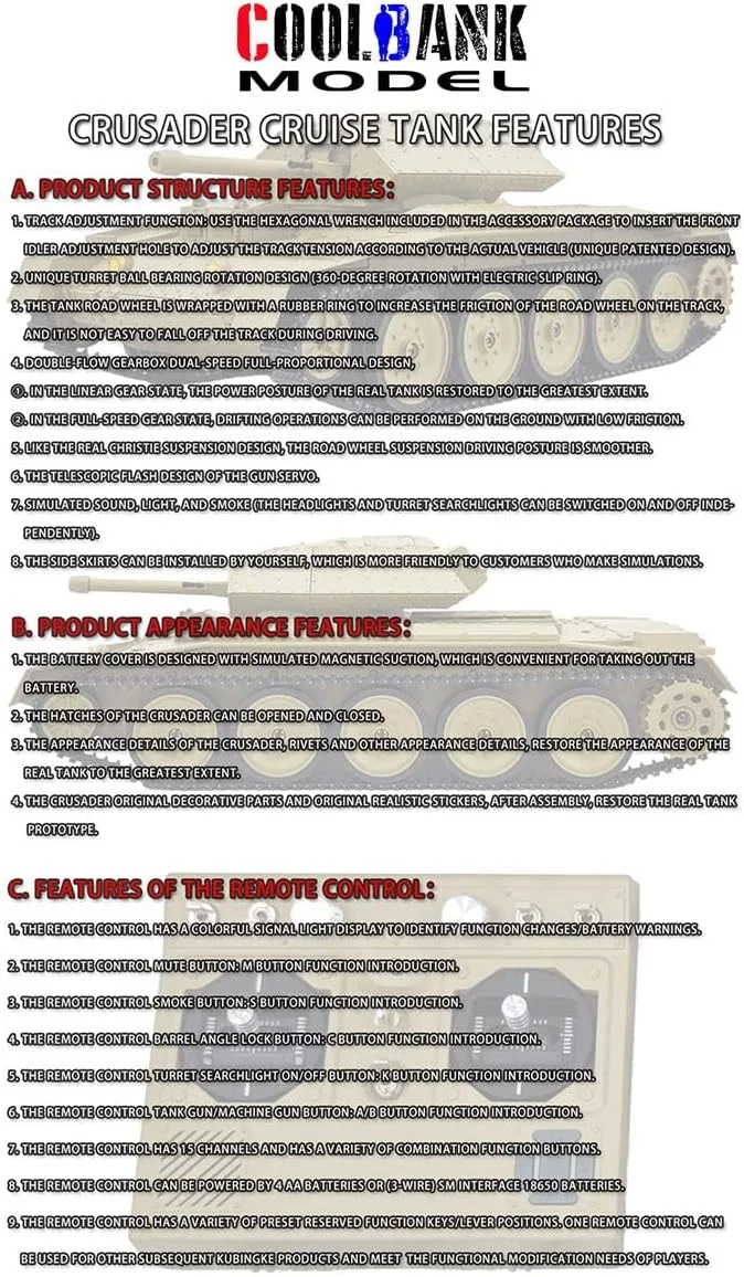 مدل تانک جنگی صلیبی بریتانیایی/آمریکایی 2.4G در مقیاس 1/16 با جلوه های دود، کیت مدل اسباب بازی تانک نظامی برای بزرگسالان