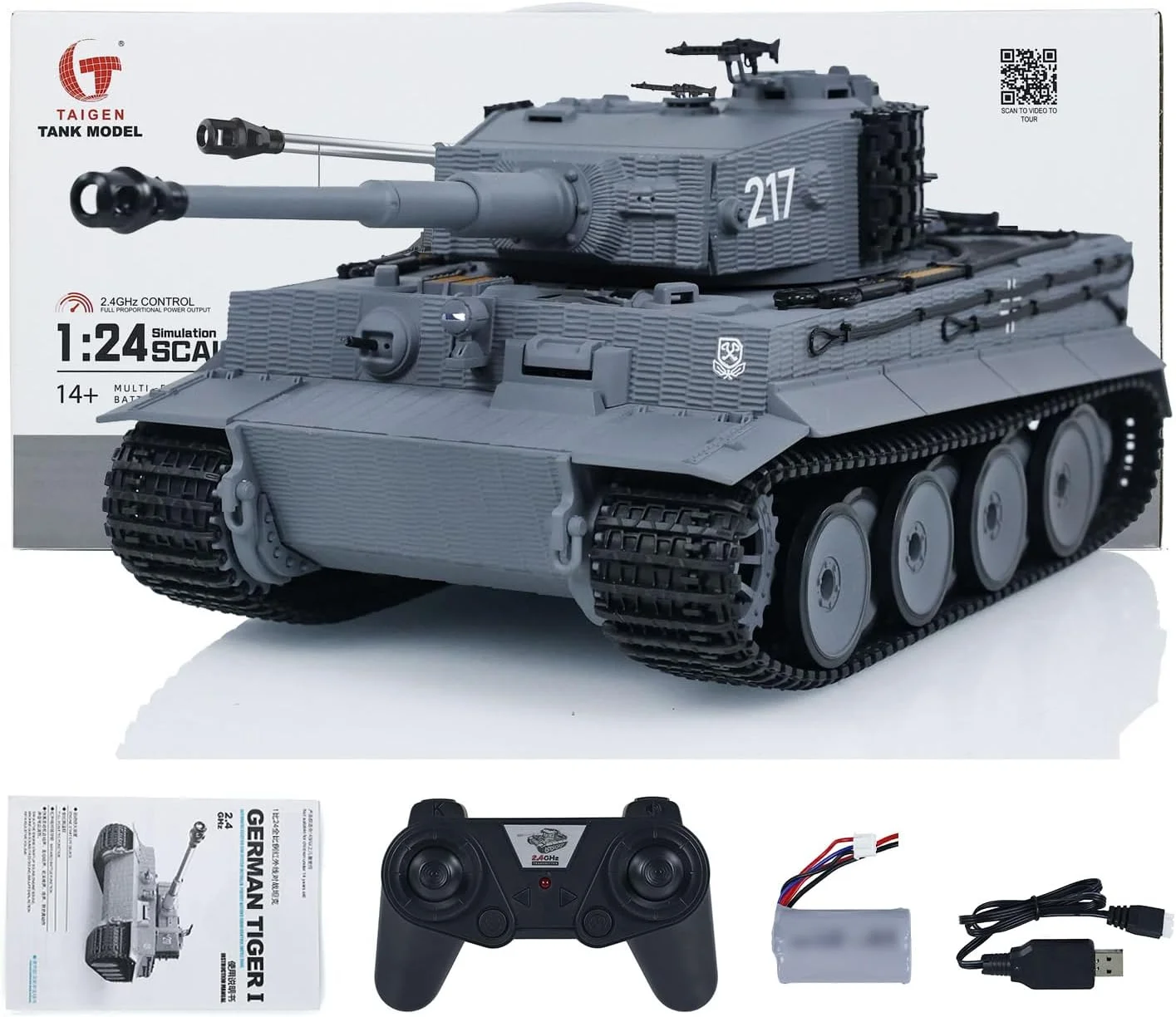 مدل مکانیکی تانک جنگی تایگر 1/24 RC، مدل تانک های نظامی RC، شاسی نبرد مادون قرمز میان دوره ای، پس زنی، فلاش LED، خاکستری