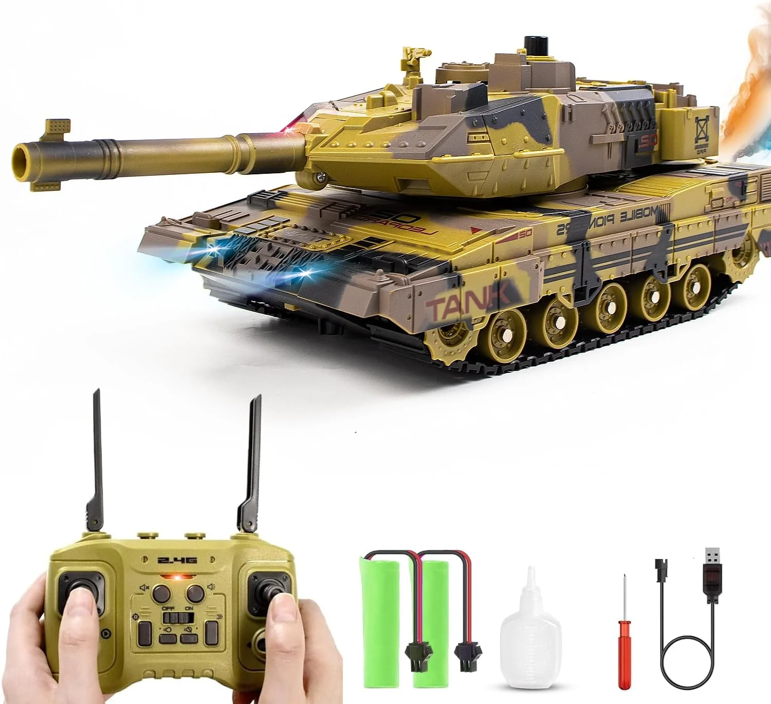 تانک کنترلی برای کودکان و بزرگسالان، اسباب بازی تانک ارتشی با کنترل از راه دور 2.4G با نور صدا و دود خودکار، مدل وسایل نقلیه نظامی 13 کاناله هدیه برای پسران، ارتشی بژ