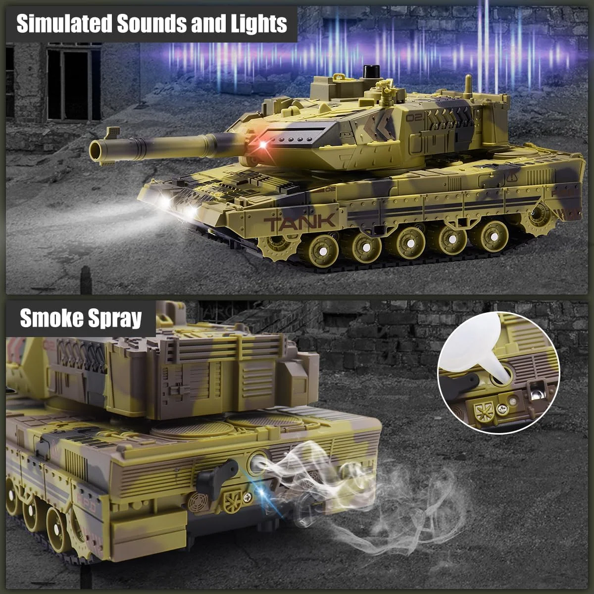 تانک کنترلی برای کودکان و بزرگسالان، اسباب بازی تانک ارتشی با کنترل از راه دور 2.4G با نور صدا و دود خودکار، مدل وسایل نقلیه نظامی 13 کاناله هدیه برای پسران، ارتشی بژ