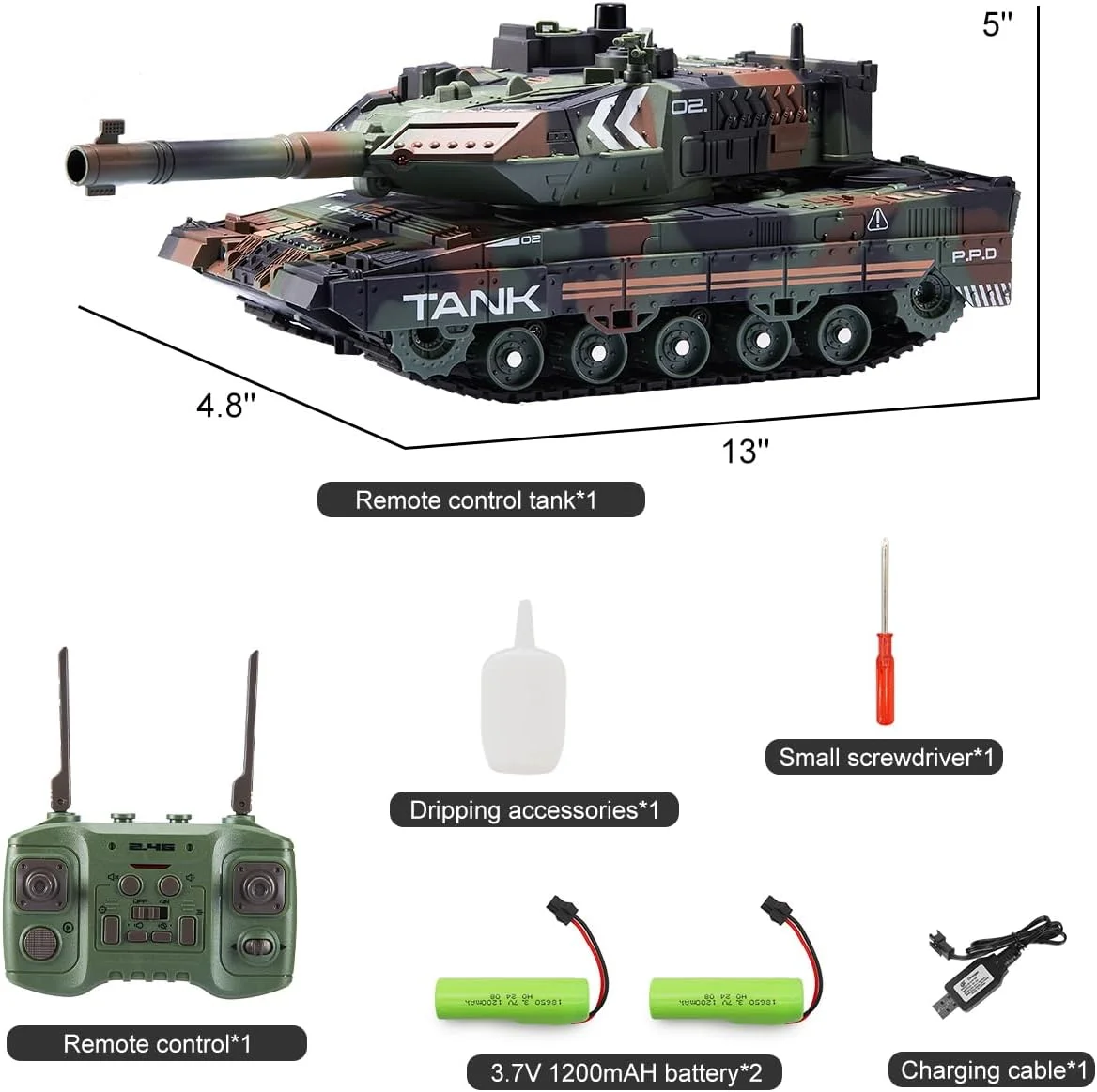 تانک کنترلی با قابلیت پرتاب تیر برای کودکان و بزرگسالان، تانک اسباب بازی ارتشی با کنترل از راه دور 2.4G با صدا، نور و دود خودکار، مدل خودروی نظامی 13 کاناله، هدیه ای برای پسران، سبز ارتشی
