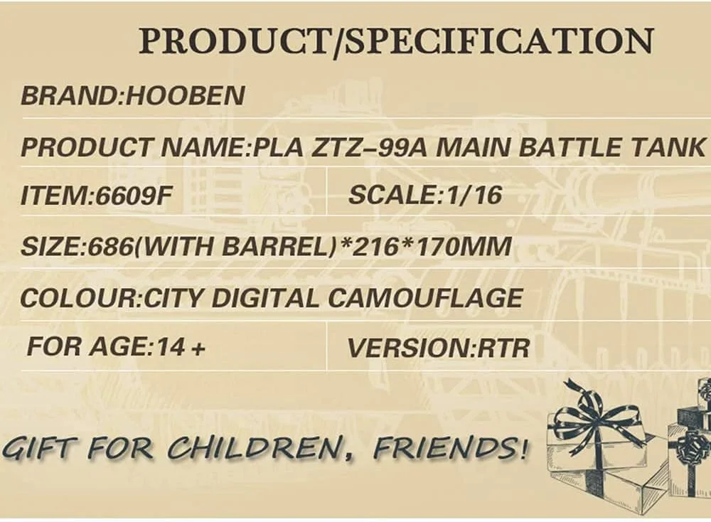تانک آرسی جنگی اصلی نسل سوم ZTZ99A PLA، مقیاس 1/16، مدل RTR، محصول شرکت HOOBEN، شماره 6609