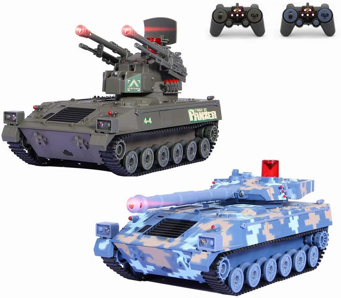 2 عدد تانک کنترلی برای کودکان، تانک کنترلی با کابل شارژ USB، تانک پانزر کنترلی 1:36 با صدا، برجک چرخان و عملکرد پس زدن هنگام شلیک توپ