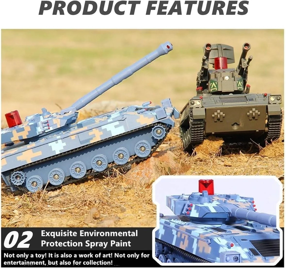 2 عدد تانک کنترلی برای کودکان، تانک کنترلی با کابل شارژ USB، تانک پانزر کنترلی 1:36 با صدا، برجک چرخان و عملکرد پس زدن هنگام شلیک توپ