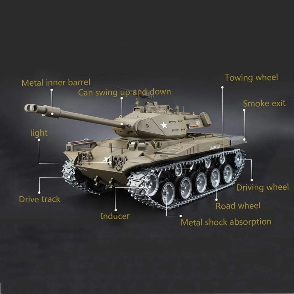 تانک کنترلی، مدل فلزی نهایی در مقیاس 1/16، اسباب بازی تانک با زنجیر فلزی، صدا/عملکرد شبیه سازی شده و دود، پرتاب گلوله، هدیه برای بزرگسالان و کودکان