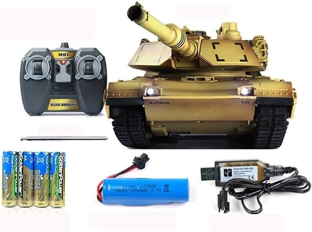تانک جنگی آرسی M1A2 مدل 1:18 با فرکانس 2.4 گیگاهرتز، دود و صدا، تانک های زرهی آرسی با زنجیر فلزی، کابل شارژر، تانک های اسباب بازی کنترلی، خزنده صحرایی زرد - مناسب هدیه