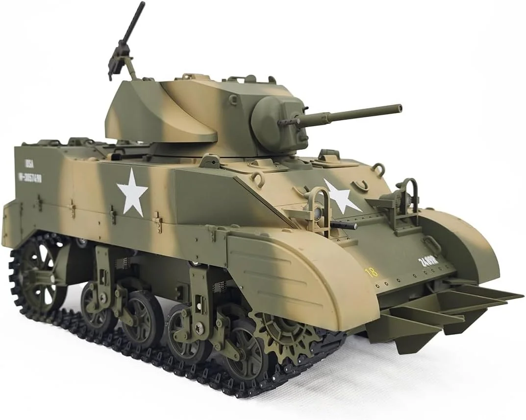 مدل تانک کنترلی فان زایلوفی RC، مدل تانک سبک M5A1 استوارت ایالات متحده در مقیاس 1:16 با جلوه های صوتی و نوری، دود خروجی تلسکوپی، ماشین نظامی کنترلی برای بزرگسالان (استتار دو رنگ/دو باتری)