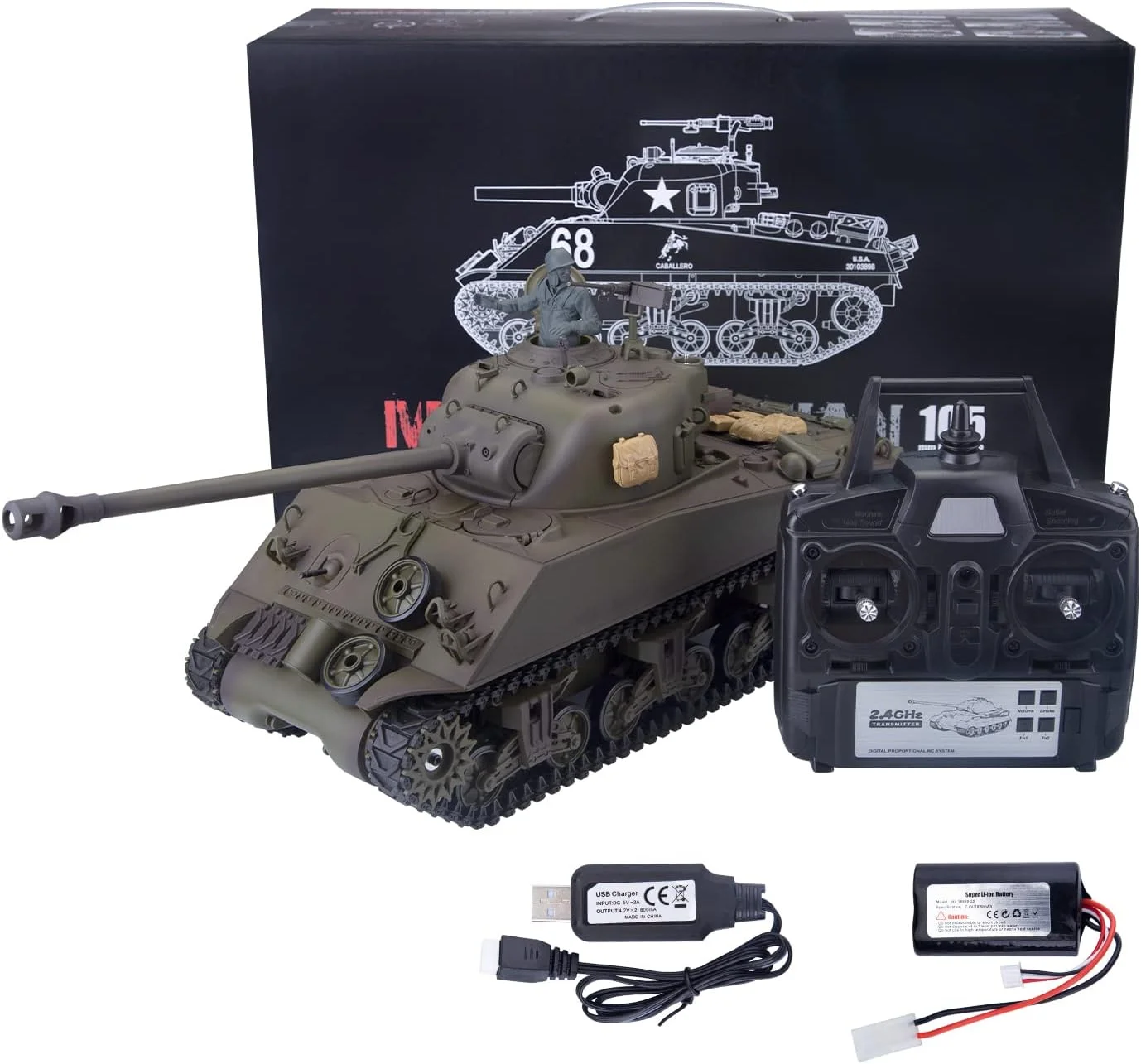 تانک کنترلی فان زایلوفی مدل M4A3 شرمن، مقیاس 1/16، 2.4G، مدل تانک نظامی متوسط با جعبه دنده فولادی، لوله بلند جمع شونده، نور دود، پرتاب صدا، مهمات BB، اشعه مادون قرمز