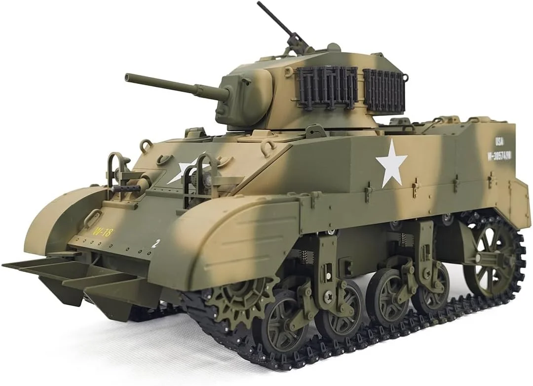 مدل تانک کنترلی فان زایلوفی RC، مدل تانک سبک M5A1 استوارت ایالات متحده در مقیاس 1:16 با جلوه های صوتی و نوری، دود خروجی تلسکوپی، ماشین نظامی کنترلی برای بزرگسالان (استتار دو رنگ/دو باتری)