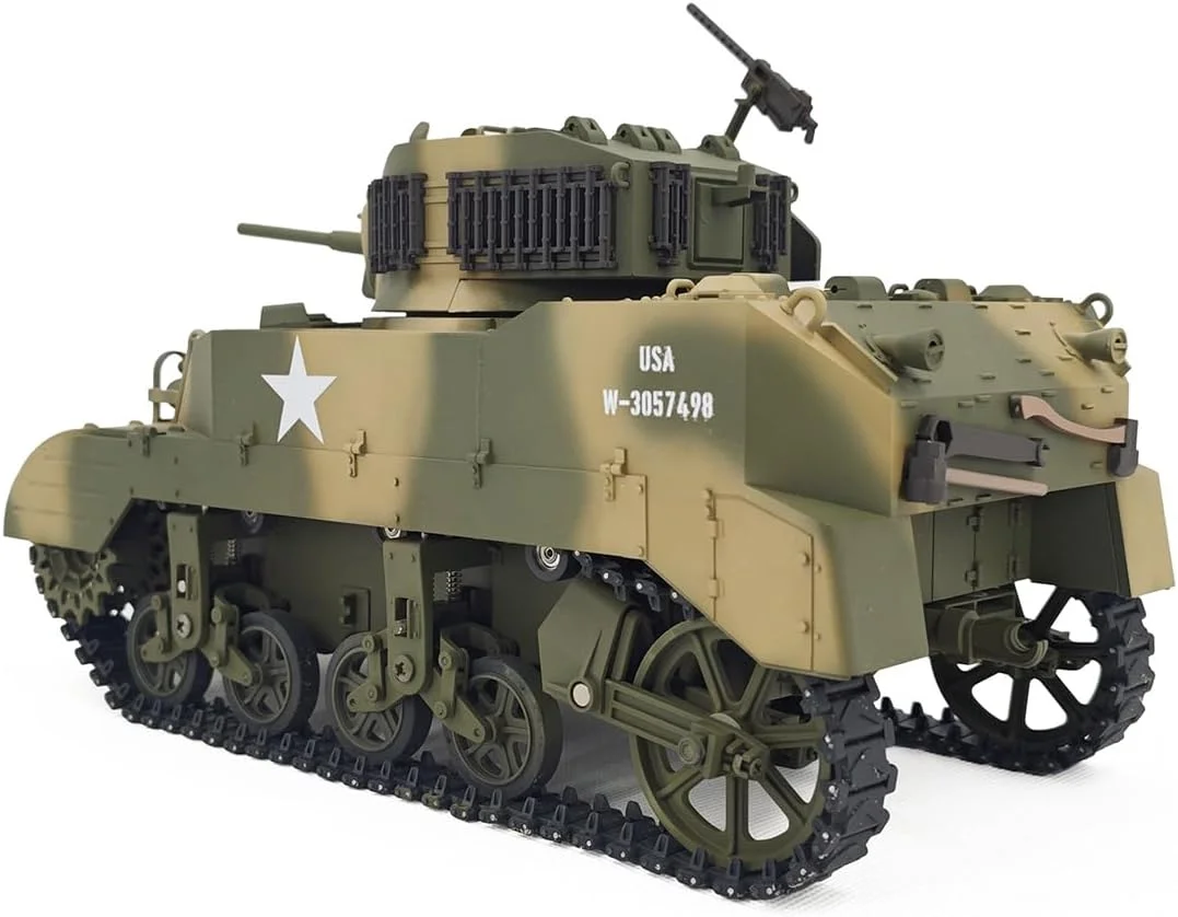 مدل تانک کنترلی فان زایلوفی RC، مدل تانک سبک M5A1 استوارت ایالات متحده در مقیاس 1:16 با جلوه های صوتی و نوری، دود خروجی تلسکوپی، ماشین نظامی کنترلی برای بزرگسالان (استتار دو رنگ/دو باتری)