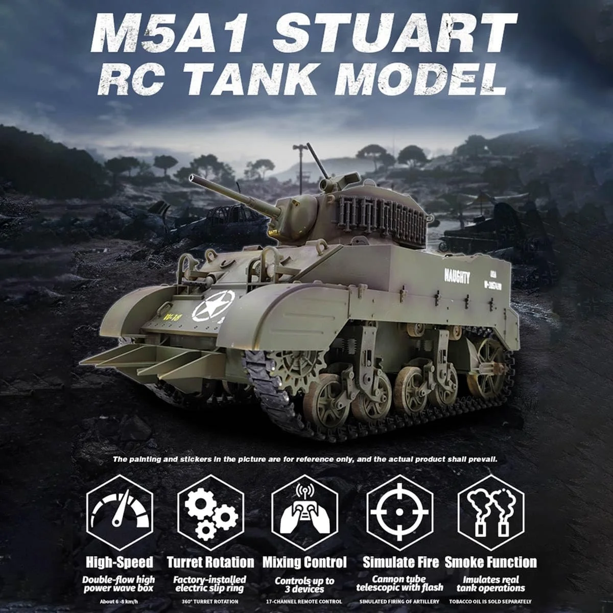 مدل تانک سبک M5A1 استوارت ایالات متحده در مقیاس 1/16 2.4G - جلوه های صوتی و نوری واقعی، اگزوز تلسکوپی دودزا، وسیله نقلیه نظامی کنترل از راه دور برای علاقه مندان، سایه از پیش ساخته شده/دو باتری مدل تانک سبک M5A1 استوارت ایالات متحده در مقیاس 1/16 2.4G - جلوه های صوتی و نوری واقعی، اگزوز تلسکوپی دودزا، وسیله نقلیه نظامی کنترل از راه دور برای علاقه مندان، سایه از پیش ساخته شده/دو باتری