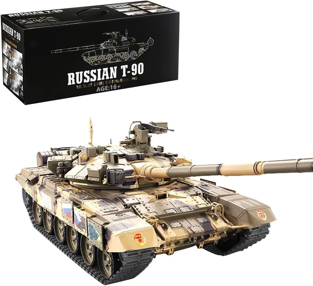 تانک کنترلی فان Xylophy RC برای بزرگسالان، تانک نبرد اصلی T-90 روسی مقیاس 1/16 2.4G با صدا، نور، نبرد مادون قرمز، مدل تانک نظامی کنترلی مناسب تمام سطوح و خارج از جاده برای بزرگسالان (نسخه ارتقا یافته/زرد)