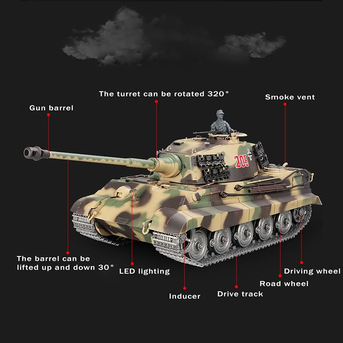 تانک کنترلی FunXylophy مدل Henschel Tiger King آلمانی، مقیاس 1/16، 2.4G، با افکت های نور، صدا و شلیک دود - نسخه پایه