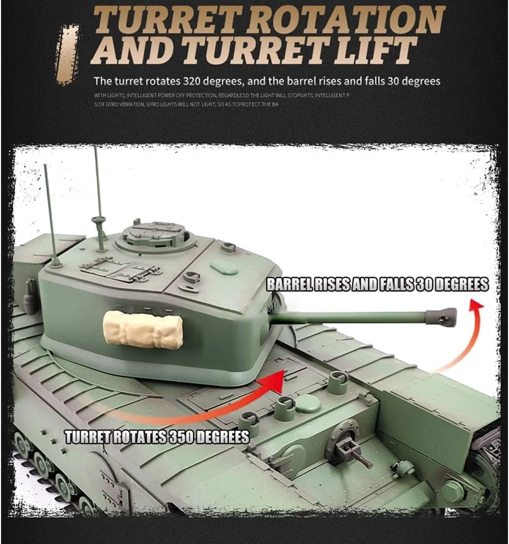 تانک کنترلی FunXylophy، مدل تانک جنگی اصلی چرچیل، مقیاس 1/16، 2.4G، مدل ماشین نظامی مادون قرمز با صدا و نور، مدل تانک کنترلی مناسب تمام سطوح برای بزرگسالان (نسخه پایه / سبز ارتشی)