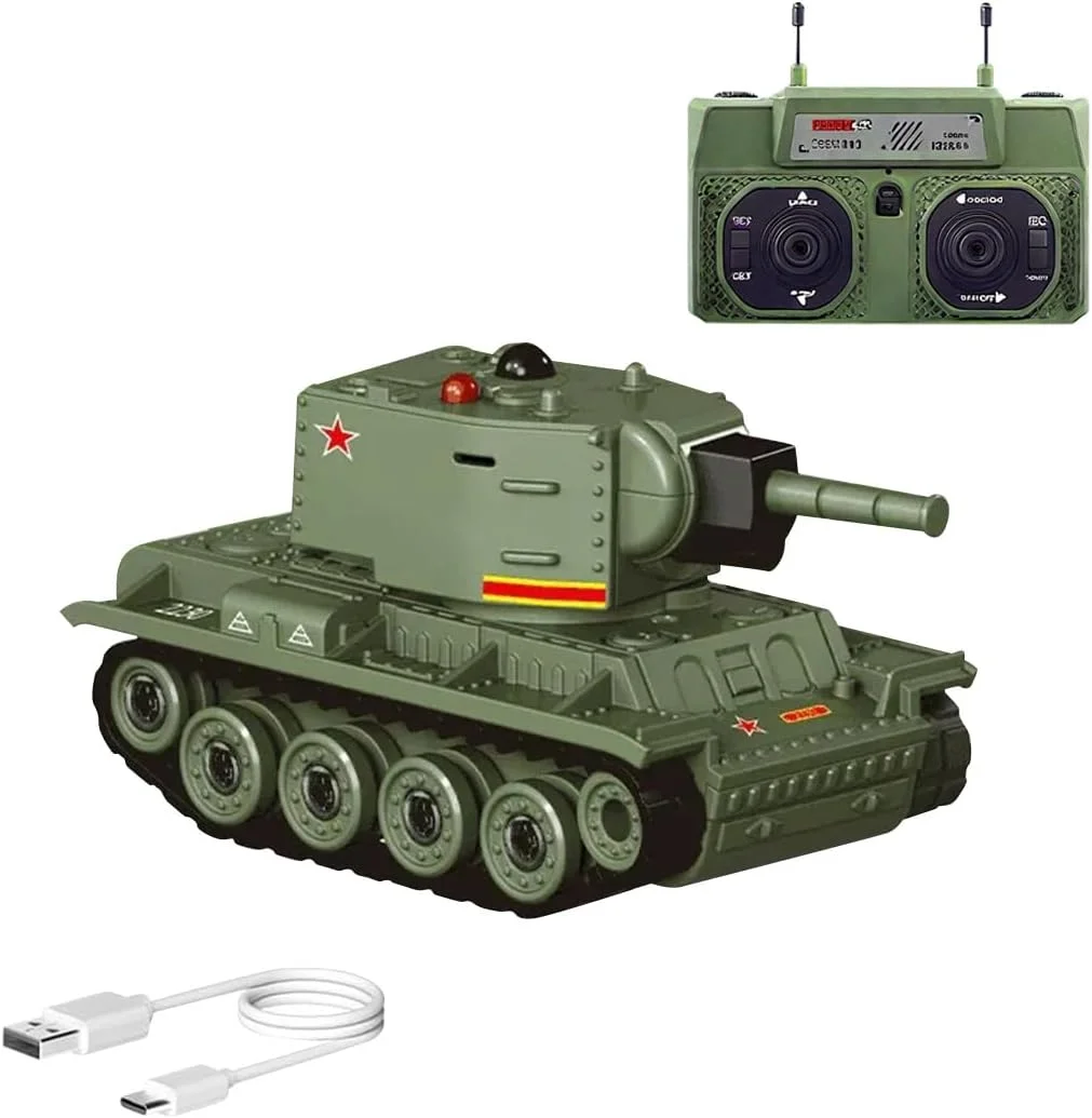 تانک آرسی مینی جنگی 2.4G با حالت نبرد، برجک چرخان و زنجیر، تانک نظامی مقیاس 1:64 با صداها و چراغ ها