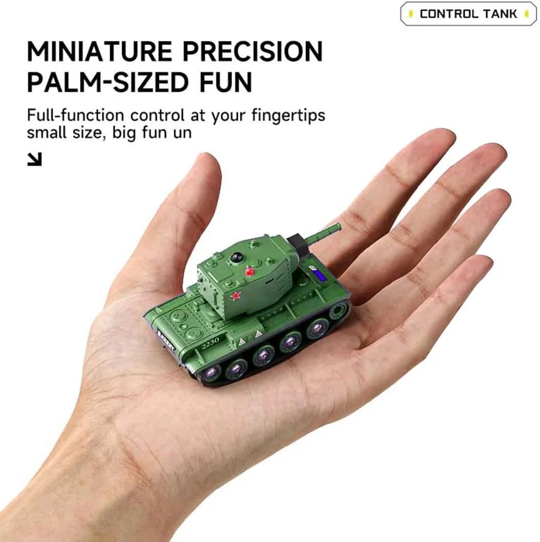تانک آرسی مینی جنگی 2.4G با حالت نبرد، برجک چرخان و زنجیر، تانک نظامی مقیاس 1:64 با صداها و چراغ ها