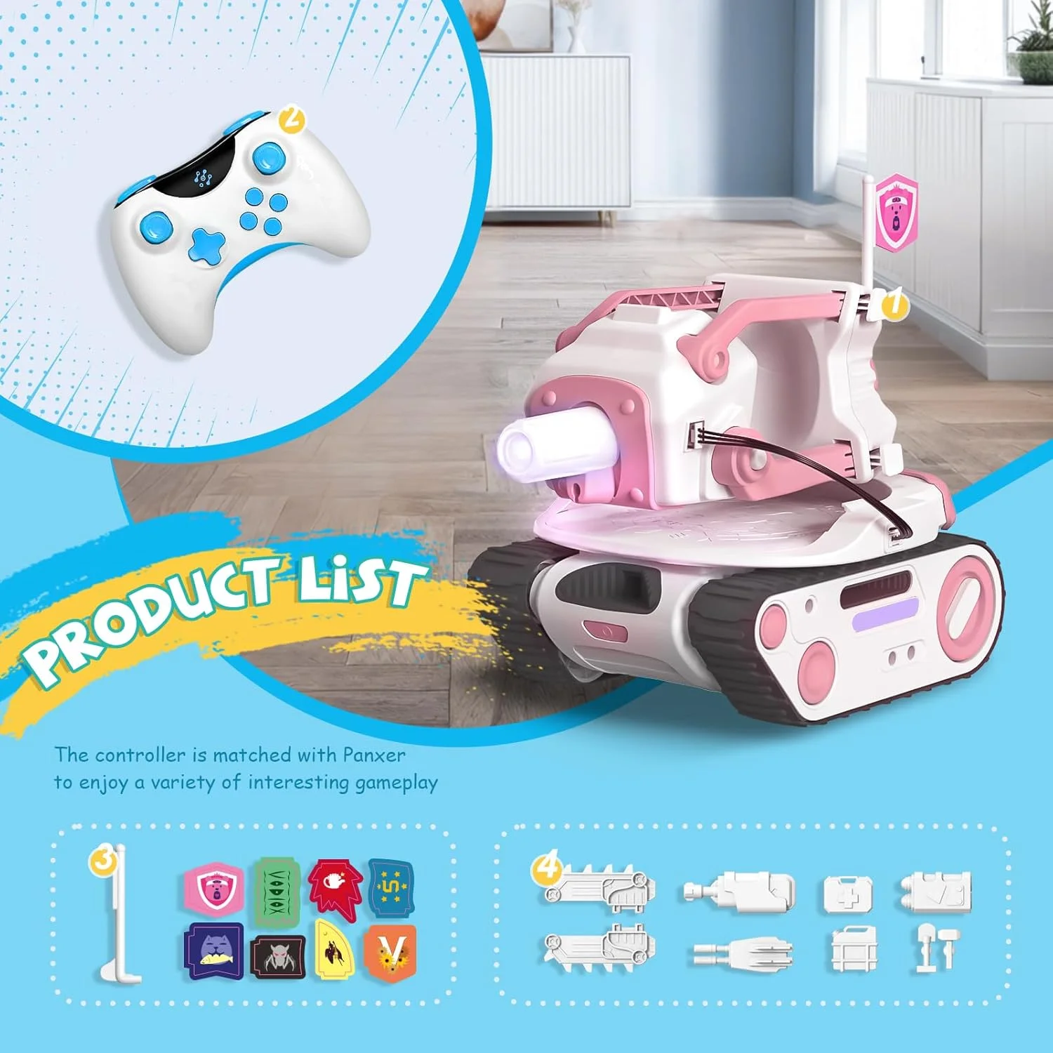 تانک جنگی کنترلی Panxer - سازگار با ربات Eilik، اسباب بازی ماشین خزنده با چراغ های LED و کنترل از راه دور 2.4 گیگاهرتز، حالت بازی تک نفره و چند نفره (صورتی)