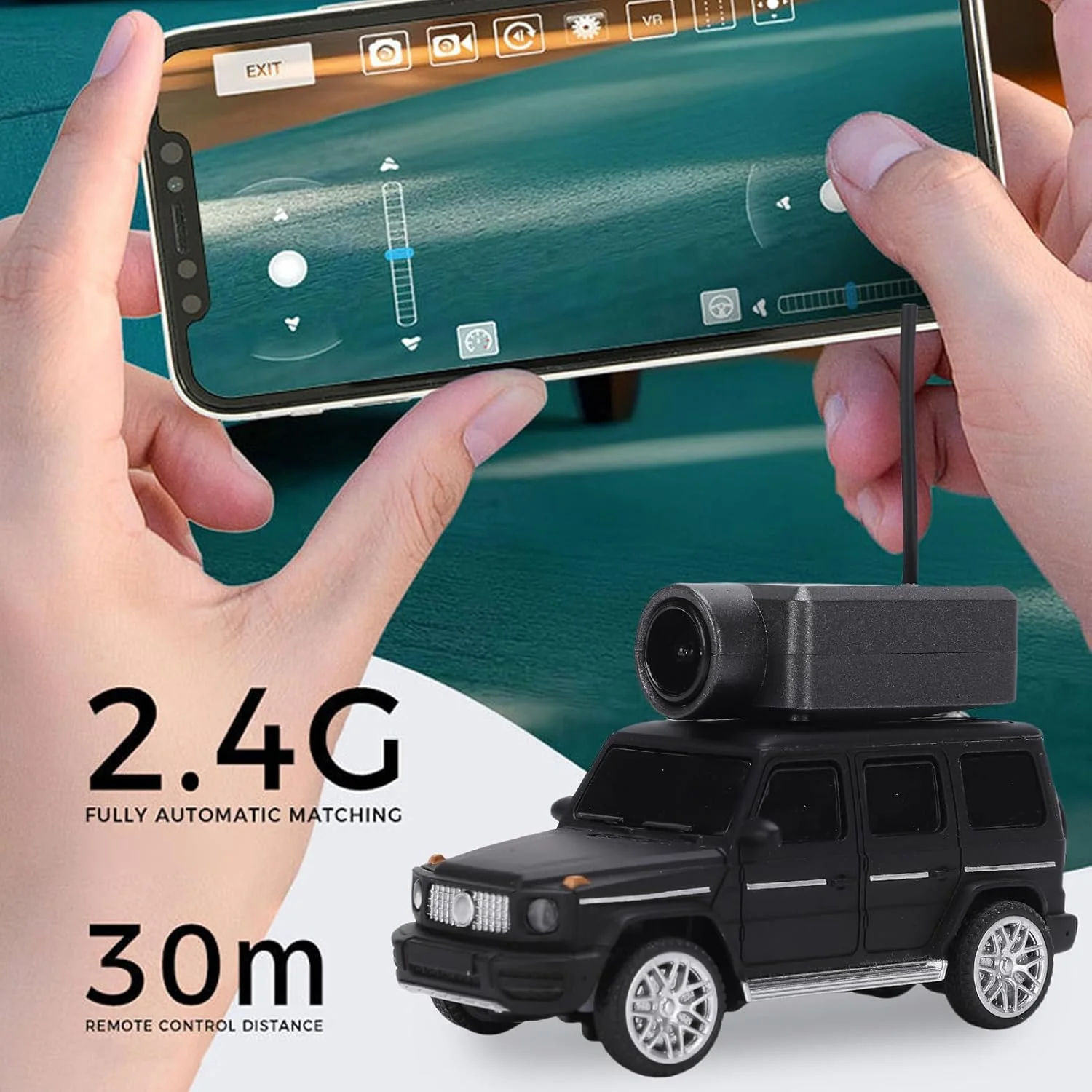 ماشین دریفت آرسی کوچک Denash، مقیاس 1:64 با دوربین HD FPV، کنترل 2.4G، کنترل از طریق اپلیکیشن و ریموت کنترل، 3 حالت سرعت برای مسابقات داخل سالن