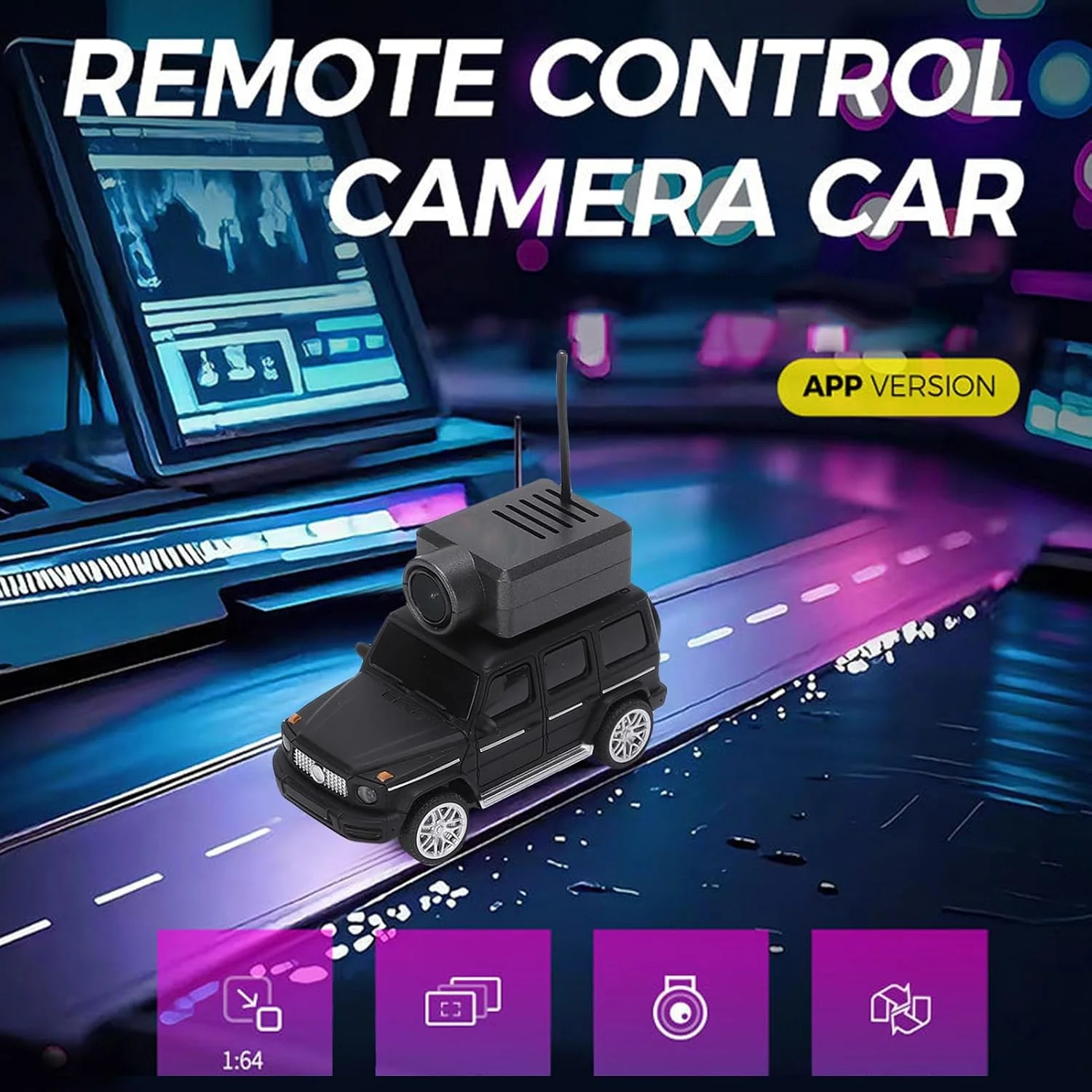 ماشین دریفت آرسی کوچک Denash، مقیاس 1:64 با دوربین HD FPV، کنترل 2.4G، کنترل از طریق اپلیکیشن و ریموت کنترل، 3 حالت سرعت برای مسابقات داخل سالن