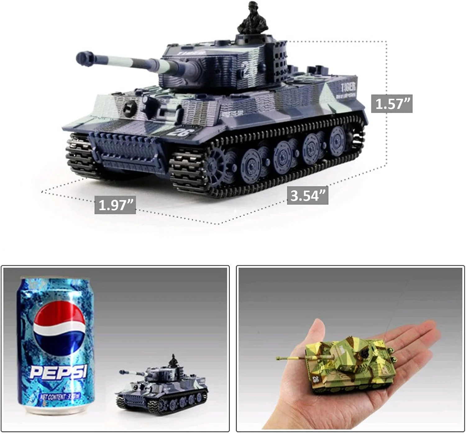 تانک آلمانی تایگر 1 پانزر با مقیاس 1:72، مینی تانک آرسی کنترل از راه دور با صدا، برجک چرخان و عملکرد لگد هنگام شلیک توپ (رنگ های مختلف)