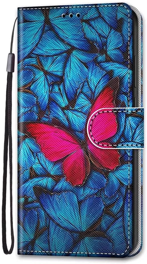 کیف چرمی Nadoli مناسب برای گوشی شیائومی POCO X5 5G/Redmi Note 12 5G، طرح رنگارنگ پروانه آبی قرمز، دارای بند مچی، جای کارت شناسایی، قفل مغناطیسی و قابلیت استند