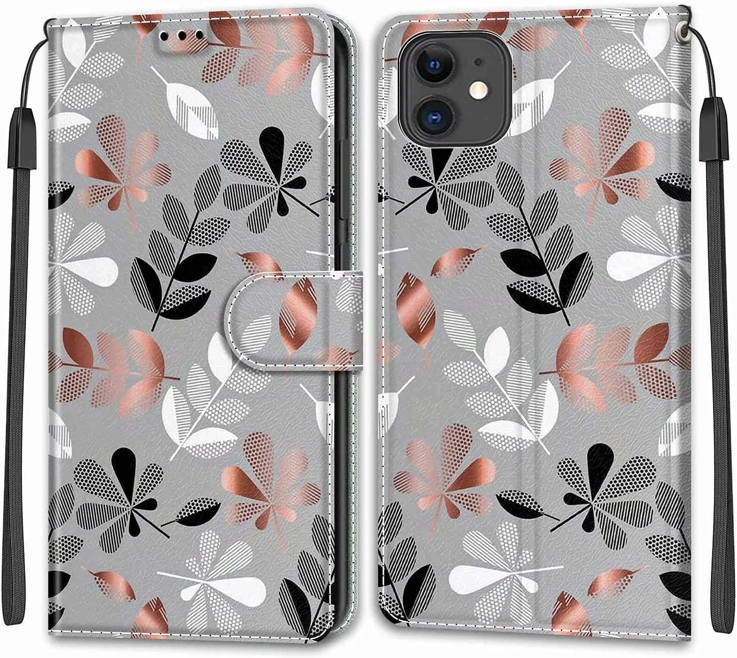 کیف پول Nadoli مناسب برای آیفون 11 6.1 اینچی، طرح رنگارنگ [گل خاکستری] بند گردنی، پایه تاشو، جای کارت، چرم PU نرم آهنربایی، کاور محافظ تاشو