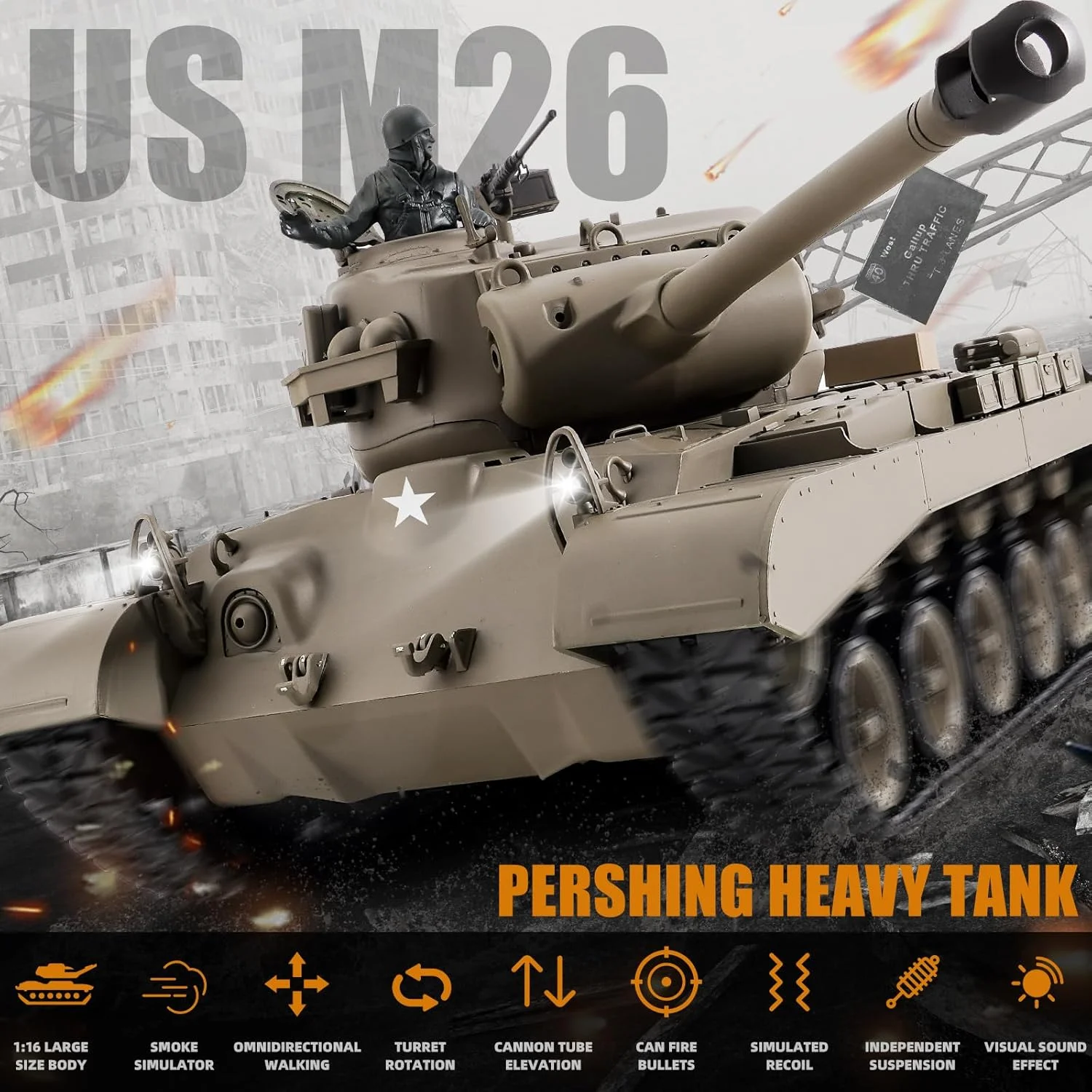 تانک کنترلی، تانک سنگین M26 پرشینگ Henglong US، تانک های آرسی تیرانداز 1/16 2.4 گیگاهرتزی، مدل وسایل نقلیه آرسی با صدا و نور برای سنین 14 سال به بالا